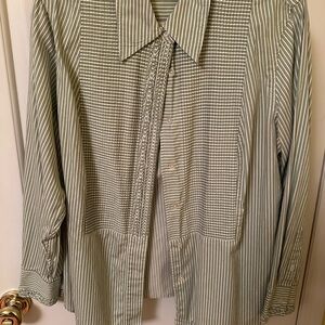Jones New York Green and White Striped Button-Front Blouse Size 1X